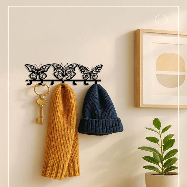 CIFbuy 1 件现代蝴蝶金属钥匙收纳盒：奢华手工锻造铁艺制品,可用于墙面存放，防锈，可作为入口装饰品，适合客厅和办公室使用，节省空间的钥匙挂钩，装饰性墙面艺术品墙雕。实用挂钩。（TikTok、temu下自提）-3