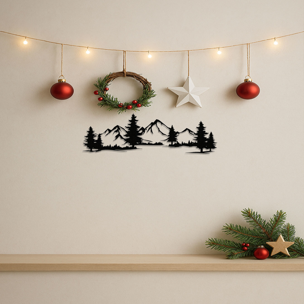 CIFbuy 乡村金属质感墙面装饰画：常青森林山脉设计，非常适合儿童房间和乡村装饰，是理想的圣诞礼物，室内以自然为主题的装饰品，时尚的墙面装饰品，喜庆的家居艺术墙面雕塑。墙面雕塑（TikTok、temu下自提）-1