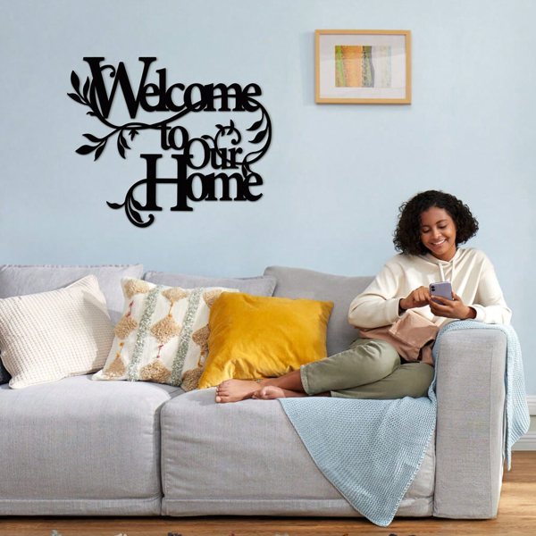 诱人的金属“欢迎来到我们的家”的墙壁标志：迷人的墙壁装饰挂件。邀请的欢迎标志是一个令人愉快的家庭装饰的一部分，在门廊和客厅创造一个迷人的氛围与美丽的墙壁雕塑（TikTok、temu下自提）-3