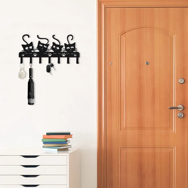 令人毛骨悚然的黑猫墙上安装钥匙持有人与7挂钩和可爱的万圣节猫设计-理想的幽灵的家庭装饰（TikTok、temu下自提）-13