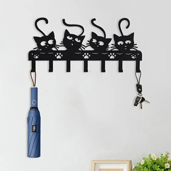 令人毛骨悚然的黑猫墙上安装钥匙持有人与7挂钩和可爱的万圣节猫设计-理想的幽灵的家庭装饰（TikTok、temu下自提）-11