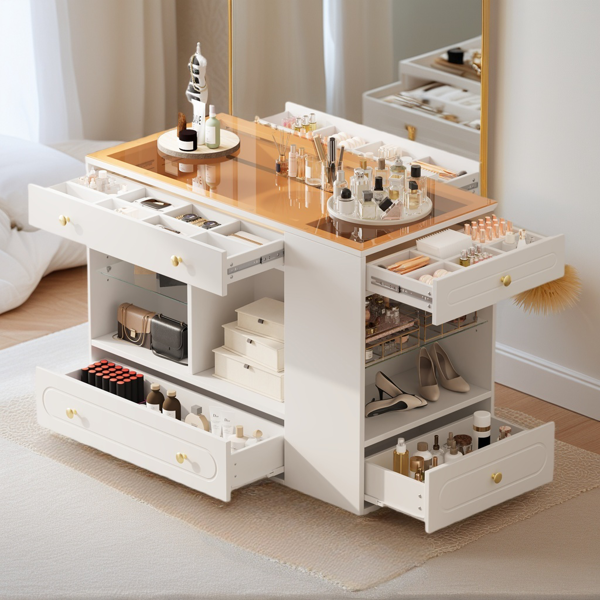 Closet Island with 6 Drawers, Wardrobe Armoire Bedroom Island with Glass Display Top and Open Shelves, Jewelry Storage Vanity Island with compartments, Walk-in Closet Island for Cloakroom, White-3