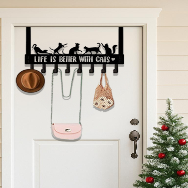 CIFbuy 独特的门上猫咪收纳盒：8 个多功能挂钩，适用于墙面或门，兼具趣味性与实用性，适用于入口、卧室和浴室的储物，适合宠物爱好者的装饰，美观的墙面艺术品和壁挂雕塑。实用挂钩。（TikTok、temu下自提）-2