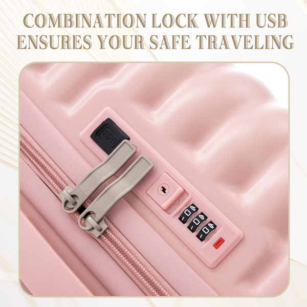 20 英寸/24 英寸/28 英寸 3 件/套 ABS 万向轮行李箱，可随身携带，带杯架、USB 端口和手机支架（粉色)-11