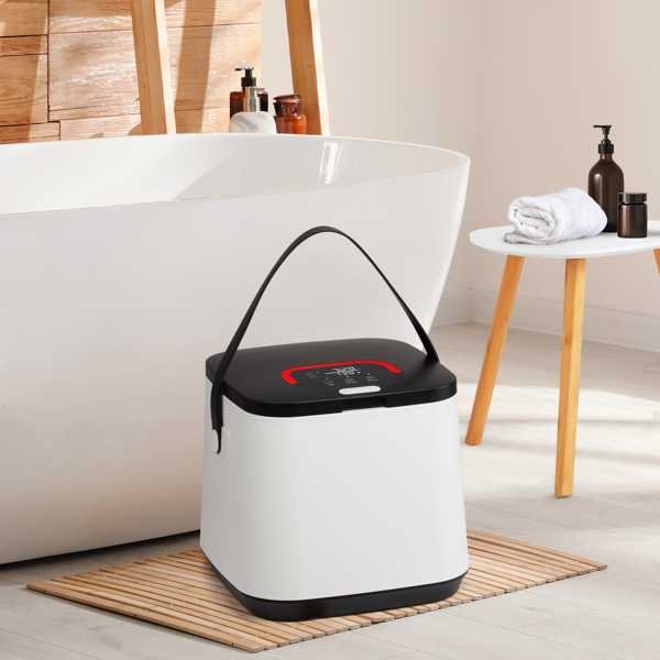 美规 HSTW-13 14L 烘干机 120V 200-250W 带挂钩 带香薰盒 盖上提手 带电源线收纳 带提手带 PP+ABS 白色机身黑色头盖 浴巾毛巾加热桶 定时加热 延时预约 60°温变提示 三档定时 LED触屏操作 方形桶-9