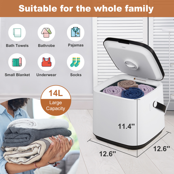 美规 HSTW-13 14L 烘干机 120V 200-250W 带挂钩 带香薰盒 盖上提手 带电源线收纳 带提手带 PP+ABS 白色机身黑色头盖 浴巾毛巾加热桶 定时加热 延时预约 60°温变提示 三档定时 LED触屏操作 方形桶-7