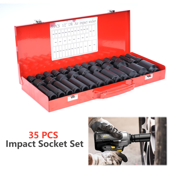 35PC 1/2英寸冲击套筒套件6点公制尺寸8-32mm，驱动深主轴螺母冲击套筒套件，带便携式外壳，红色（周末不发货，禁售亚马逊）-5