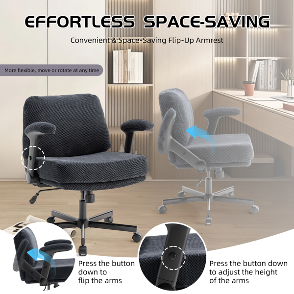 带轮子和翻转臂的舒适的织物交叉腿办公椅，带厚垫和宽座，可调节的旋转办公椅，适用于家庭办公室、公寓、卧室，黑色-6