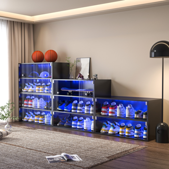 黑色玻璃门鞋盒鞋子收纳柜，运动鞋​​收纳柜，适用于运动鞋，带 LED 灯