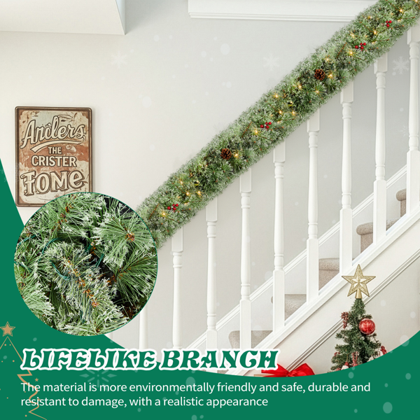 2pcs 9ft 绿色开花松针 藤条 PVC 440枝头带松果 红果 200灯暖白8功能 电池盒 圣诞PVC花环-3