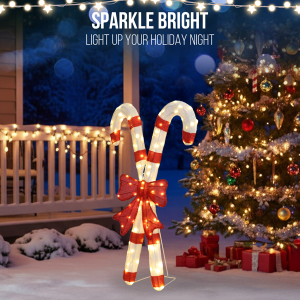 33in 白加红色 2D 拐杖糖带蝴蝶结 葱布 100L暖白皮线灯 圣诞灯饰经典元素 4.5V 3.6W 美规-9