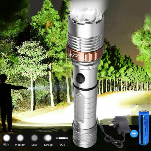 可充电LED手电筒5种照明模式可变焦徒步露营户外手电筒+电池+充电器套装-7