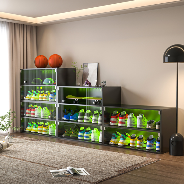 黑色玻璃门鞋盒鞋子收纳柜，运动鞋​​收纳柜，适用于运动鞋，带 LED 灯-3