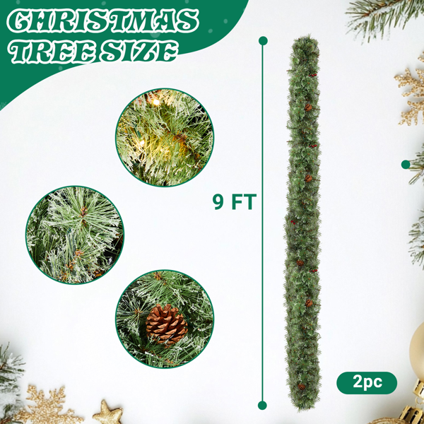 2pcs 9ft 绿色开花松针 藤条 PVC 440枝头带松果 红果 200灯暖白8功能 电池盒 圣诞PVC花环-2
