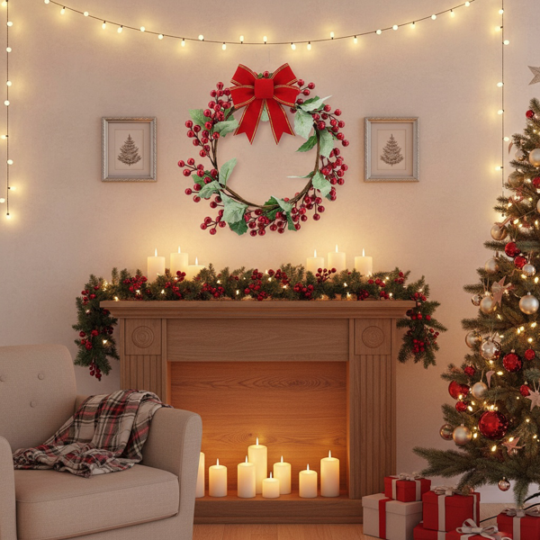 3件套松果和绿色圣诞花环13英寸红莓冬青花环，用于节日家居装饰FBA发货-10