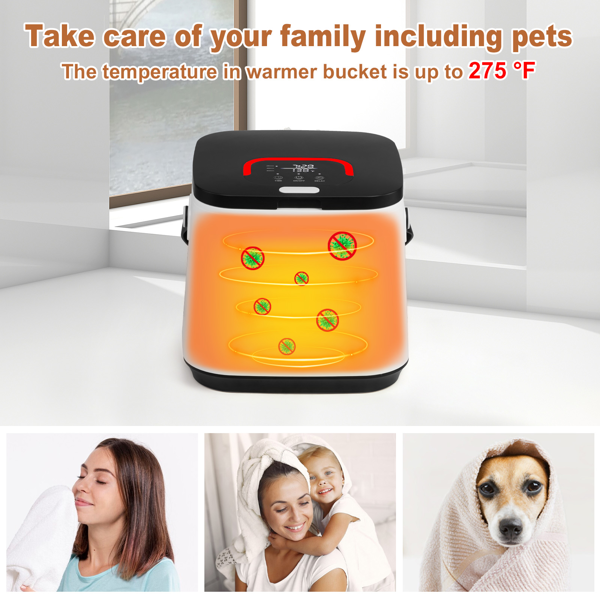 美规 HSTW-13 14L 烘干机 120V 200-250W 带挂钩 带香薰盒 盖上提手 带电源线收纳 带提手带 PP+ABS 白色机身黑色头盖 浴巾毛巾加热桶 定时加热 延时预约 60°温变提示 三档定时 LED触屏操作 方形桶-6