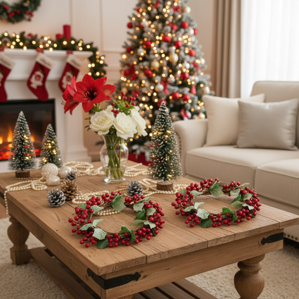 3件套松果和绿色圣诞花环13英寸红莓冬青花环，用于节日家居装饰FBA发货-4