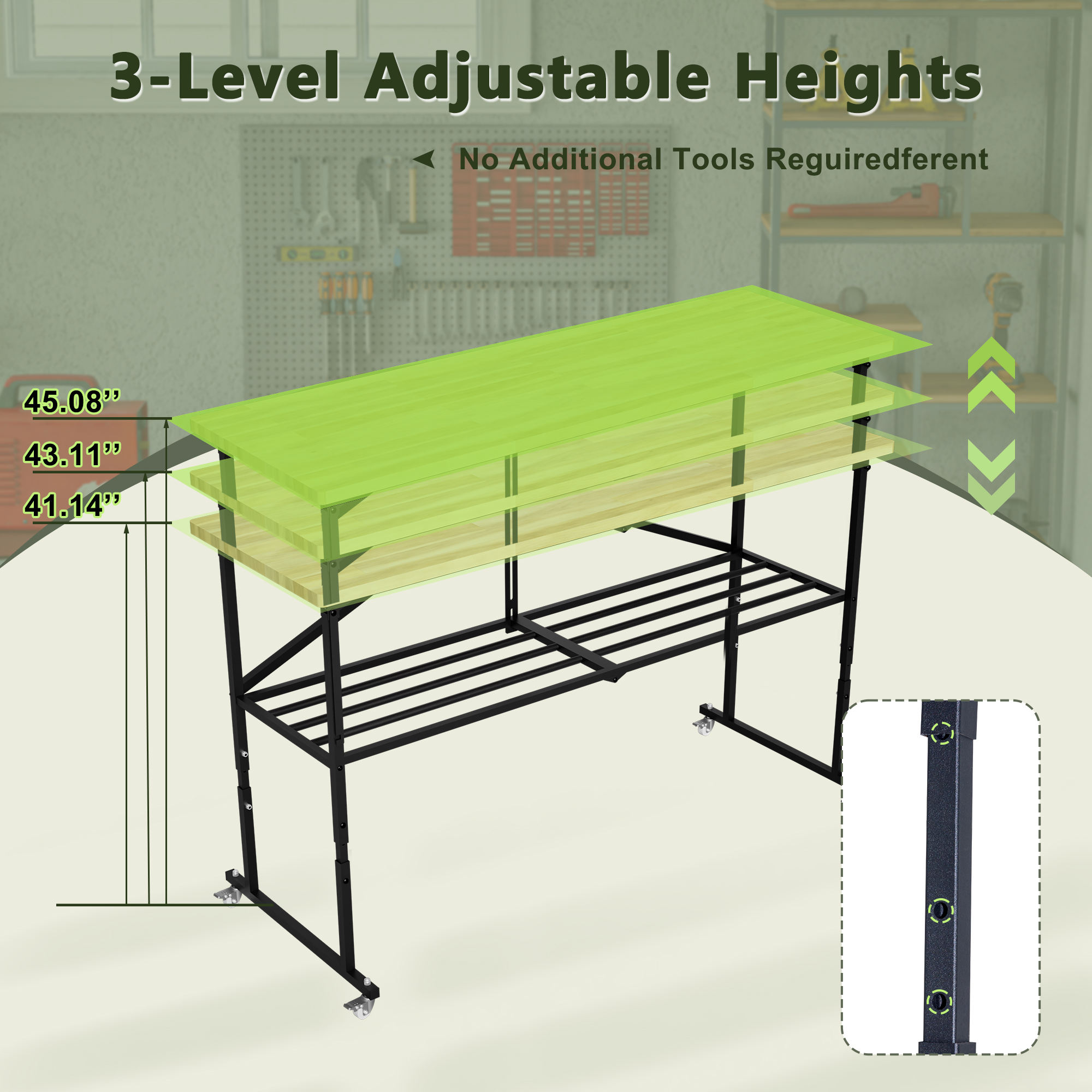 Foldable Hardwood Workbench Adjustable Wood-Top Utility Table with Locking Casters view 3