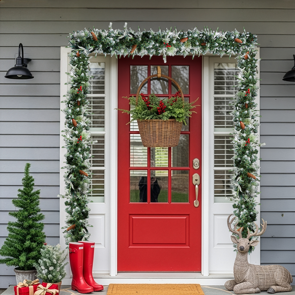 2pcs 9ft 绿色植绒喷白 藤条 PVC加PE 440枝头带松果 红果 200灯暖白8功能 电池盒 圣诞PVC花环-5