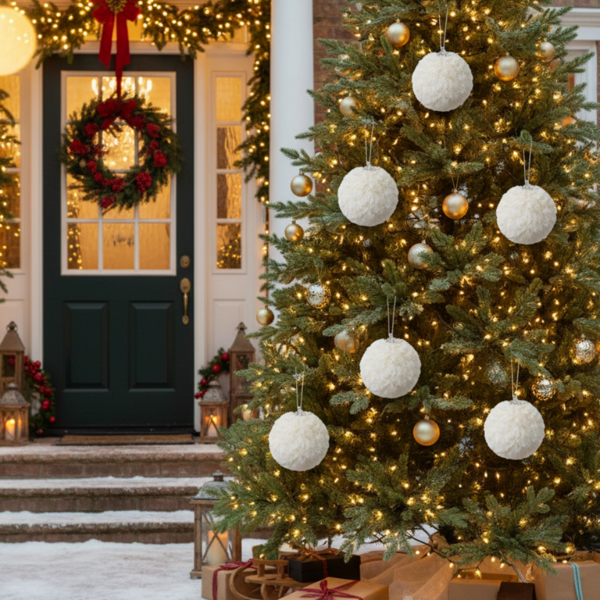 6PCS套4英寸圣诞球装饰品奶油色褶边悬挂装饰品，适合圣诞树假期家居装饰FBA发货-16