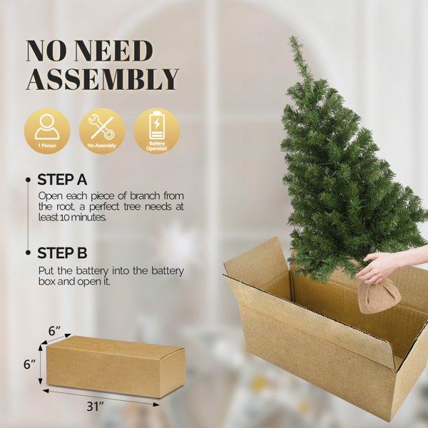 3ft 绿色 100灯暖色8模式电池款开关 150枝头 顶部带星星 麻布底座 PVC材质 圣诞树 S101-2