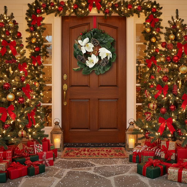 22英寸圣诞花环乳白色白玉兰优雅假日门装饰，室内外松果插花壁挂FBA发货-2