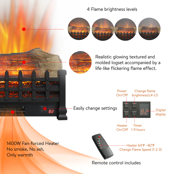 20 英寸电壁炉 3D 壁炉插件，独立式壁炉加热器，适用于室内-8