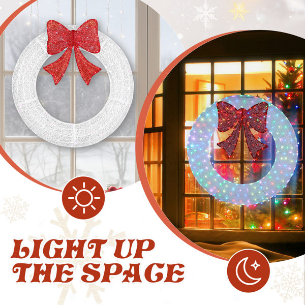 36in 白色 花环带蝴蝶结  175L皮线灯 RGB加红光 带遥控带定时 圣诞灯饰花环 5V 6W 美规-11