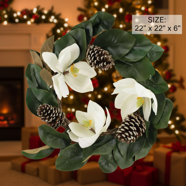 22英寸圣诞花环乳白色白玉兰优雅假日门装饰，室内外松果插花壁挂FBA发货-6