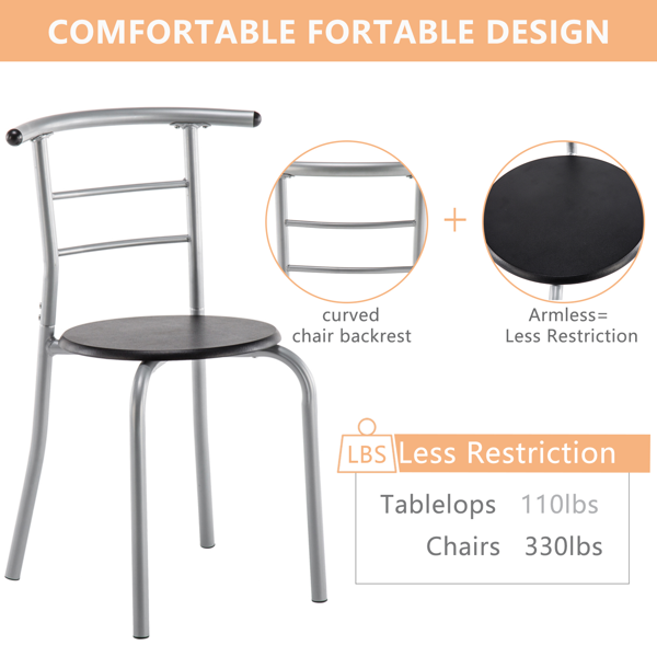 拆装 密度板 铁 黑色 银色烤漆 餐桌椅套装 1桌2椅 椭圆桌面-4