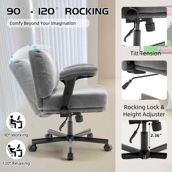 带轮子和翻转臂的舒适的织物交叉腿办公椅，带厚垫和宽座，可调节的旋转办公椅，适用于家庭办公室、公寓、卧室，灰色-5