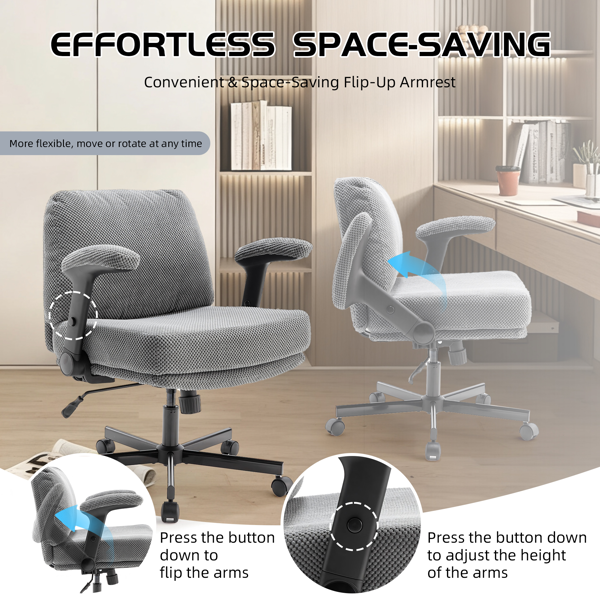 带轮子和翻转臂的舒适的织物交叉腿办公椅，带厚垫和宽座，可调节的旋转办公椅，适用于家庭办公室、公寓、卧室，灰色-6