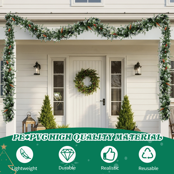 2pcs 9ft 绿色植绒喷白 藤条 PVC加PE 440枝头带松果 红果 200灯暖白8功能 电池盒 圣诞PVC花环-6