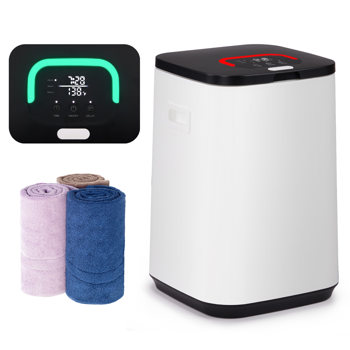 美规 HSTW-12 22L 烘干机 120V 400-420W 带挂钩 带香薰盒 盖上提手 带电源线收纳  PP+ABS 白色机身黑色头盖 浴巾毛巾加热桶 定时加热 延时预约 60°温变提示 三档定时 LED触屏操作 方形桶