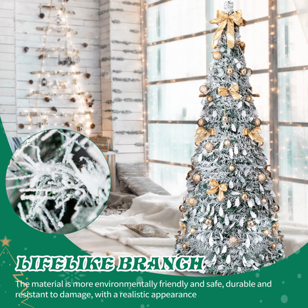 6ft 绿色植绒 伸缩圣诞树 PVC 100暖白灯8模式 带金色配饰 圣诞树 30V 3.6W 美规-10