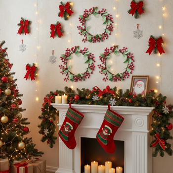 3件套松果和绿色圣诞花环13英寸红莓冬青花环，用于节日家居装饰FBA发货