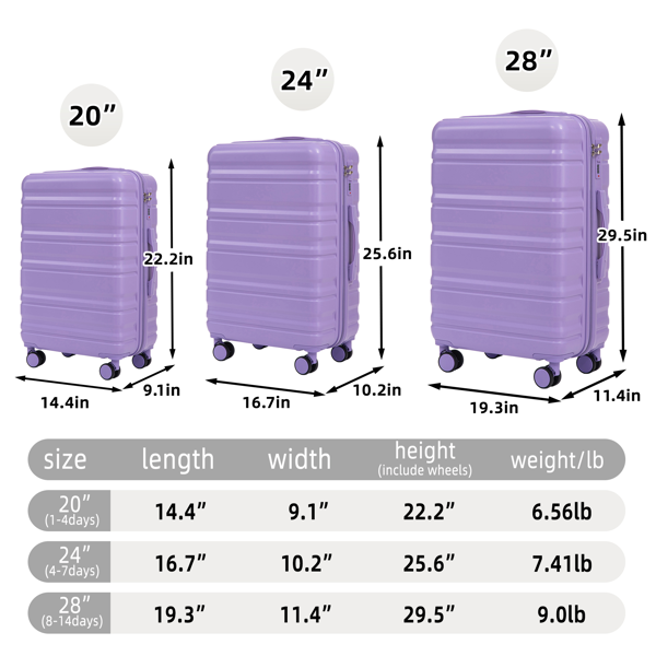 20 英寸/24 英寸/28 英寸 3 件/套三合一 ABS 万向轮行李箱，可随身携带，颜色匹配，密码锁（蓝紫色）-2
