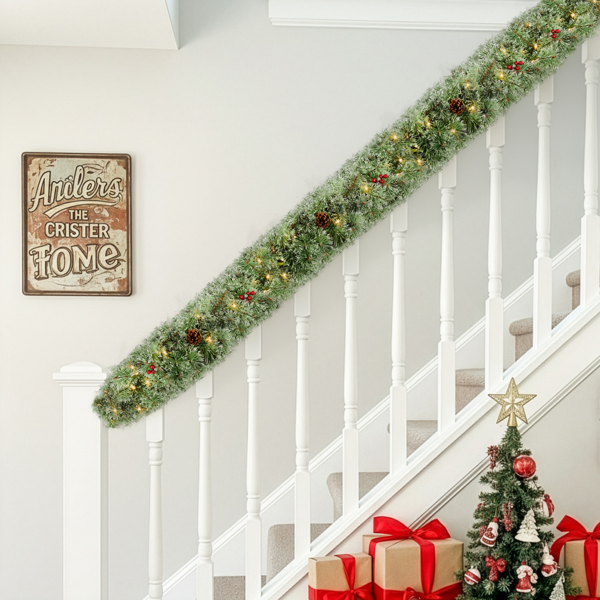 2pcs 9ft 绿色开花松针 藤条 PVC 440枝头带松果 红果 200灯暖白8功能 电池盒 圣诞PVC花环-6