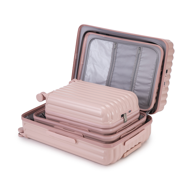 20 英寸/24 英寸/28 英寸 3 件/套 ABS 万向轮行李箱，可随身携带，带杯架、USB 端口和手机支架（粉色)-2