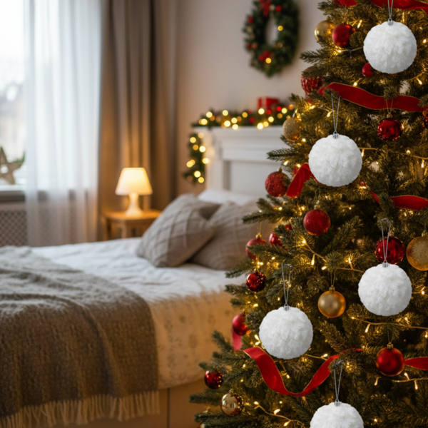 6PCS套4英寸圣诞球装饰品奶油色褶边悬挂装饰品，适合圣诞树假期家居装饰FBA发货-4