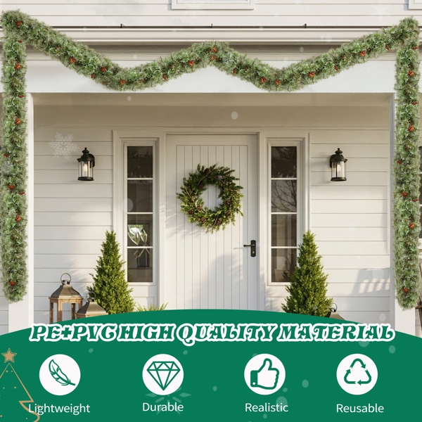 2pcs 9ft 绿色开花松针 藤条 PVC 440枝头带松果 红果 200灯暖白8功能 电池盒 圣诞PVC花环-5