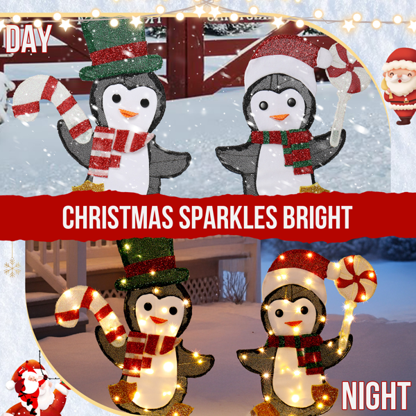 2pcs 24in 22in  黑白色 2D企鹅拿糖果  金葱布 80L暖白皮线灯 圣诞灯饰经典元素 4.5V 3.6W 美规-6