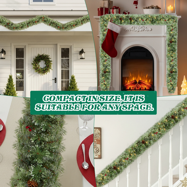 2pcs 9ft 绿色开花松针 藤条 PVC 440枝头带松果 红果 200灯暖白8功能 电池盒 圣诞PVC花环-4