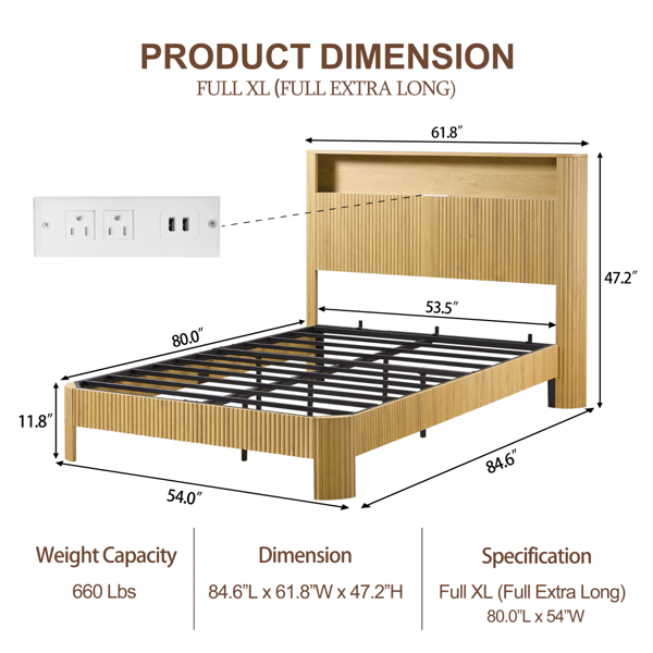 全尺寸加长（全 XL）床架，带储物床头板，内置充电站，波浪曲线设计，静音运行，金属支撑，自然-3