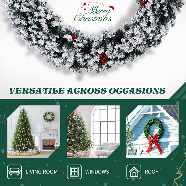 60in 绿色植绒  花环 带蝴蝶结 松果红果 600枝头 220LED暖白灯8模式  带遥控   PVC 圣诞PVC花环 30V 3.6W 美规-2