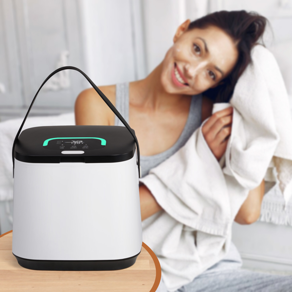 美规 HSTW-13 14L 烘干机 120V 200-250W 带挂钩 带香薰盒 盖上提手 带电源线收纳 带提手带 PP+ABS 白色机身黑色头盖 浴巾毛巾加热桶 定时加热 延时预约 60°温变提示 三档定时 LED触屏操作 方形桶-8