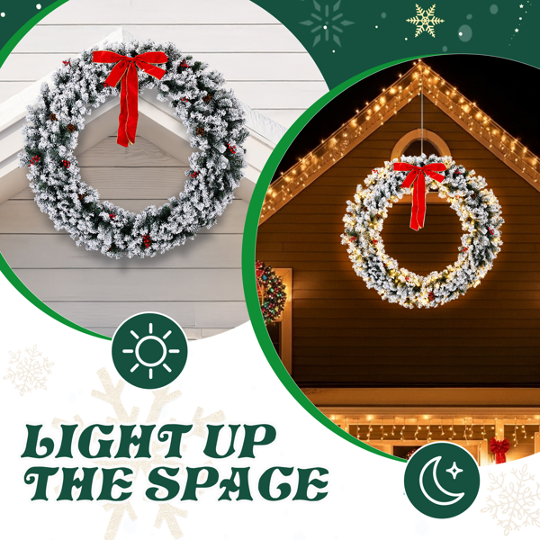 60in 绿色植绒  花环 带蝴蝶结 松果红果 600枝头 220LED暖白灯8模式  带遥控   PVC 圣诞PVC花环 30V 3.6W 美规-4