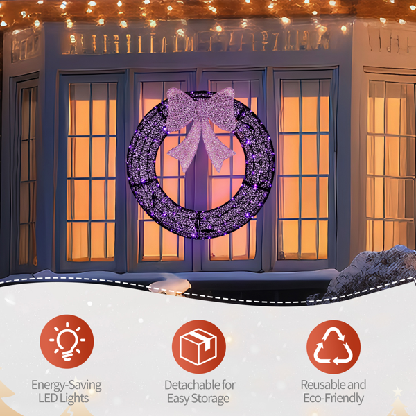 36in 黑色 花环带蝴蝶结  175L皮线灯 紫色加橙色光 带遥控带定时 圣诞灯饰花环 30V 3.6W 美规-7