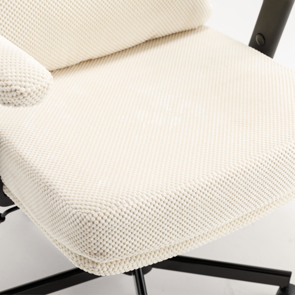 带轮子和翻转臂的舒适织物交叉腿办公椅，带厚垫和宽座椅，适用于家庭办公室、公寓、卧室的可调节旋转办公椅，米色-12