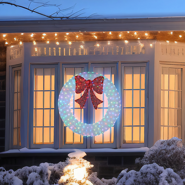 36in 白色 花环带蝴蝶结  175L皮线灯 RGB加红光 带遥控带定时 圣诞灯饰花环 5V 6W 美规-4